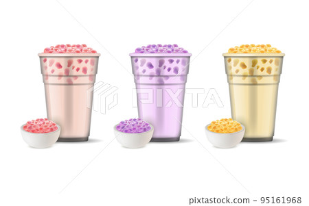 Realistic Detailed 3d Bubble Milk Tea Set Tapioca Pearls in Bowls. Vector illustration of Boba Drink Realistic Detailed 3d Bubble Milk Tea Set Tapioca Pearls in Bowls. Vector illustration of Boba Drink 95161968