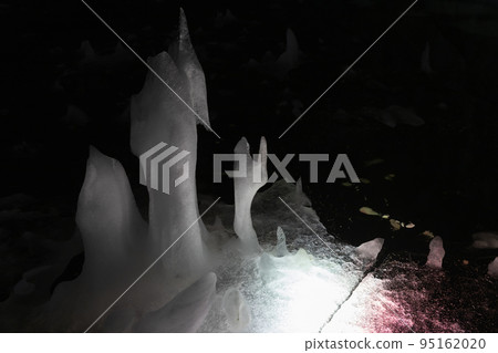 Melting ice staligmites in the underground marble quarry 95162020