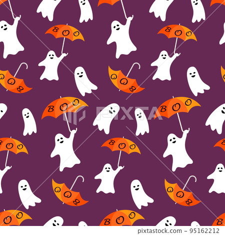 Seamless Halloween pattern of cute funny cartoon ghosts dancing with orange umbrellas on a purple background. Spooky background for Halloween celebration, textiles, wallpapers, wrapping paper. Seamless Halloween pattern of cute funny cartoon ghosts dancing with orange umbrellas on a purple background. Spooky background for Halloween celebration, textiles, wallpapers, wrapping paper. 95162212