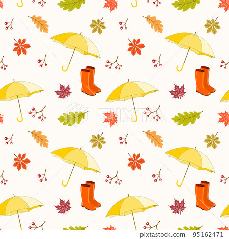 Seamless Pattern with Umbrellas Rubber Boots and Autumn Leaves. Vector illustration, background for Autumn, Harvest, Thanksgiving celebration, greeting card design, scrapbooking, textile. 95162471