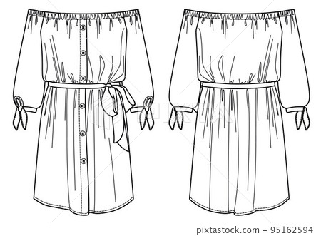 Vector off shoulder dress fashion CAD, woman shirt dress with belt and bow detail technical drawing, template, flat, sketch 95162594