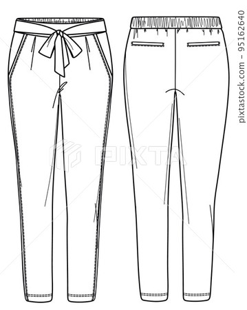 Vector hight waist trousers with side pockets, fake back pockets and splits fashion CAD, woman tapered legs pants with bow detail technical drawing, template, flat, sketch 95162640