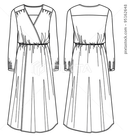 Vector wrap long sleeved maxi dress fashion CAD, woman v-neck long dress technical drawing, template, flat, sketch, mock up. Jersey or woven fabric dress with front, back view, white color 95162648