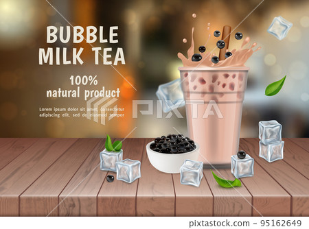 Realistic Detailed 3d Bubble Milk Tea Ads Banner Concept Poster Card. Vector illustration of Boba Drink 95162649