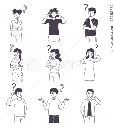 Question with Thoughtful Man and Woman Scratching Head over Riddle Vector Set 95162782