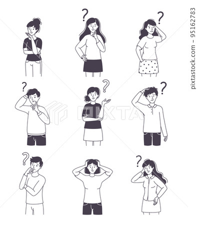 Question with Thoughtful Man and Woman Scratching Head over Riddle Vector Set Question with Thoughtful Man and Woman Scratching Head over Riddle Vector Set 95162783