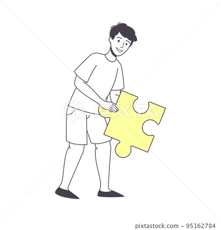 Smiling Man Holding Yellow Jigsaw Puzzle as Mosaiced Piece for Logical Game Vector Illustration Smiling Man Holding Yellow Jigsaw Puzzle as Mosaiced Piece for Logical Game Vector Illustration 95162784