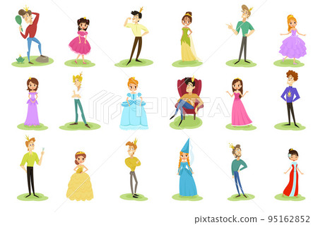 Smiling Prince and Princess Wearing Crown and Dressy Look Garment Vector Illustration Set Smiling Prince and Princess Wearing Crown and Dressy Look Garment Vector Illustration Set 95162852