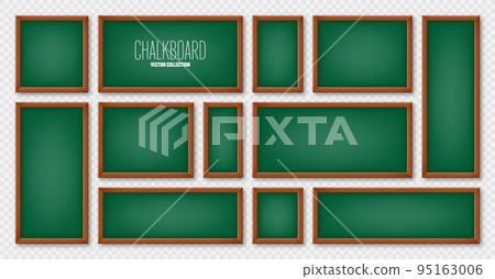 Realistic various chalkboards in a wooden frame. Green restaurant menu board. School blackboard, writing surface for text or drawing. Blank advertising or presentation boards. Vector illustration 95163006
