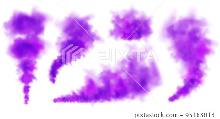 Violet colorful smoke clouds isolated on white background, realistic mist effect, fog. Vapor in the air, steam flow. Vector illustration Violet colorful smoke clouds isolated on white background, realistic mist effect, fog. Vapor in the air, steam flow. Vector illustration 95163013