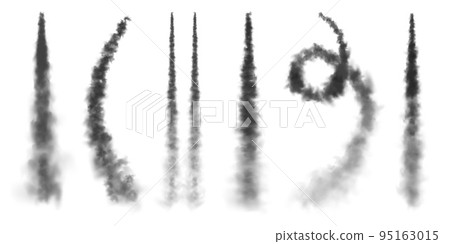 Realistic missile or bullet trail. Airplane condensation trails, jet aircraft tracks. Space rocket launch. Black smoke clouds, explosion. Steam flow. Vector illustration 95163015