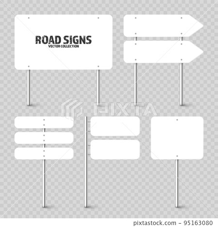 Various road, traffic signs. Highway signboard on a chrome metal pole. Blank white board with place for text. Directional signage and wayfinder. Information sign mockup. Vector illustration 95163080