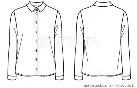 Vector long sleeved blouse fashion CAD, woman classic shirt with collars and buttons technical drawing, template, flat, sketch. Jersey or woven fabric shirt with front, back view, white color 95163161