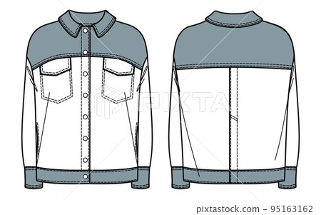 Vector woman denim jacket fashion CAD, oversized long sleeved shirt jacket technical drawing, denim jacket with button details template, sketch, flat Vector woman denim jacket fashion CAD, oversized long sleeved shirt jacket technical drawing, denim jacket with button details template, sketch, flat 95163162