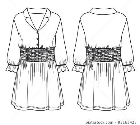 Vector mini shirt-dress sketch with buttons and smocking detail, Trendy woman dress fashion CAD, template, flat, mock-up. Jersey or woven fabric dress with front, back view, white color 95163425
