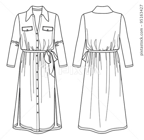 Vector technical drawing, dress fashion CAD, shirt-dress sketch with buttons Vector technical drawing, dress fashion CAD, shirt-dress sketch with buttons 95163427
