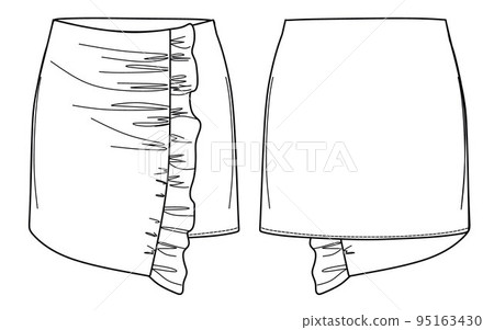 Vector mini skirt fashion CAD, wrapped woman skirt with frill detail sketch, template, flat, technical drawing. Jersey or woven fabric top with front, back view, white color Vector mini skirt fashion CAD, wrapped woman skirt with frill detail sketch, template, flat, technical drawing. Jersey or woven fabric top with front, back view, white color 95163430