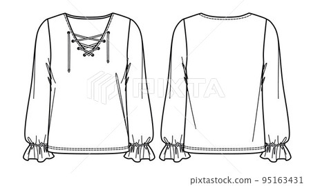 Vector v-neck long sleeved blouse technical drawing, woman top fashion CAD, template, sketch Vector v-neck long sleeved blouse technical drawing, woman top fashion CAD, template, sketch 95163431