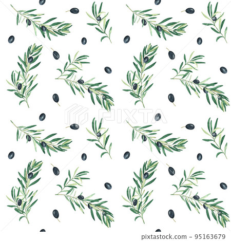 Watercolor seamless pattern with branches of black olives on a white background. Can be used for textile, wallpaper prints, kitchen, food and cosmetic design. 95163679