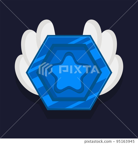 Game achievement badge or rank icon cartoon. Blue award or medal reward. Level up coin with star and element for ui asset. Trophy symbol vector illustration Game achievement badge or rank icon cartoon. Blue award or medal reward. Level up coin with star and element for ui asset. Trophy symbol vector illustration 95163945