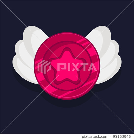 Game achievement badge or rank icon cartoon. Red award or medal reward. Level up coin with star and element for ui asset. Trophy symbol vector illustration 95163946