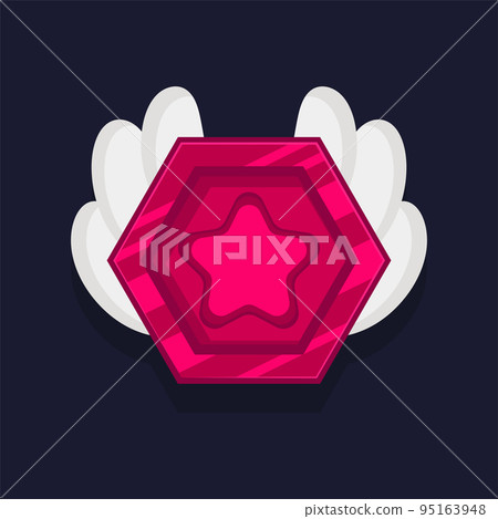 Game achievement badge or rank icon cartoon. Red award or medal reward. Level up coin with star and element for ui asset. Trophy symbol vector illustration Game achievement badge or rank icon cartoon. Red award or medal reward. Level up coin with star and element for ui asset. Trophy symbol vector illustration 95163948