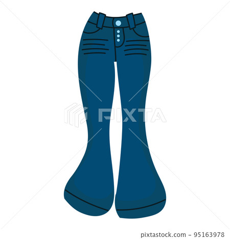 Denim pants jeans . Fashionable clothes for women. Casual blue textile apparel and attire factory trousers with patches and pocket. Fashion vector illustration concept 95163978