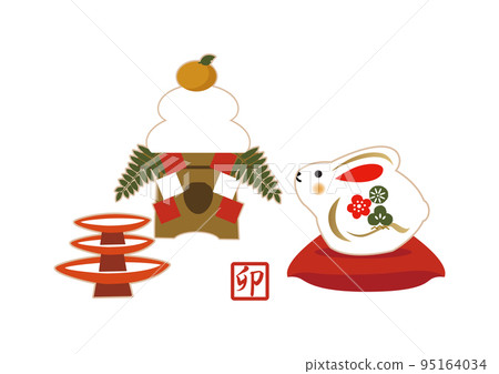 新年的插圖素材。兔年圖標。日本模式兔子字符。幸運物品。新年賀卡。過年的栗子 95164034