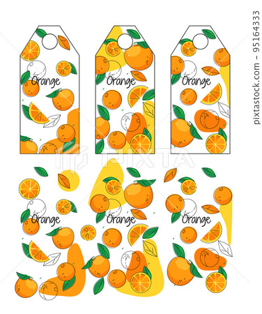Pattern for creating orange flavor tags. An example of finished tags and a pattern. Cartoon doodle style, vector illustration. Pattern for creating orange flavor tags. An example of finished tags and a pattern. Cartoon doodle style, vector illustration. 95164333