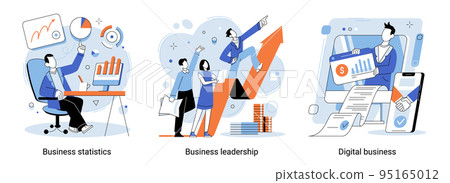 Metaphor set of digital business vector illustration. Market success, digital work, leadership, data analysis 95165012