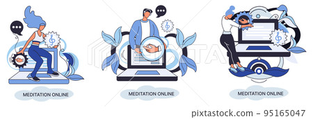 Meditation online metaphor. Practicing yoga, mental exercises. Wellness practice to restore peace of mind Meditation online metaphor. Practicing yoga, mental exercises. Wellness practice to restore peace of mind 95165047