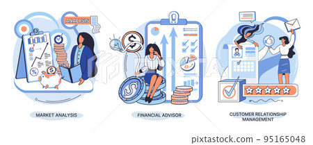 Market statistics analysis, financial advisor, customer relationship management business themes set Market statistics analysis, financial advisor, customer relationship management business themes set 95165048