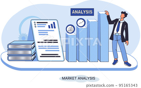 Market analysis metaphor, marketing strategy. Marketer analyzes sales plan, doing an advertising campaign Market analysis metaphor, marketing strategy. Marketer analyzes sales plan, doing an advertising campaign 95165343