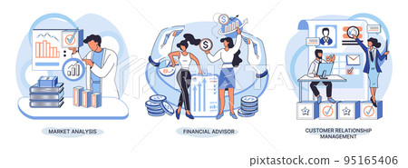 Market statistics analysis metaphor, financial advisor, customer relationship management business themes set 95165406