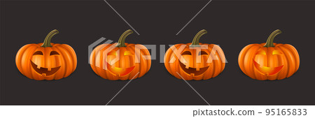Vector Halloween Pumpkin Set. Cute Jack-o-lanterns, Carved Pumpkin Face for Invitations, Cards, Packaging, Wrapping, Banners Design. 3d Realistic Pumpkins 95165833