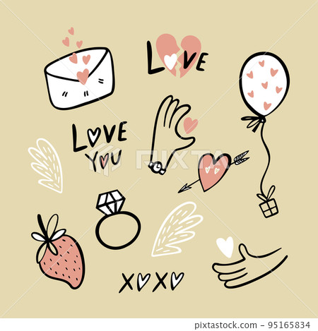 Set of vector illustrations for the holiday Valentine's Day in doodle style.  95165834
