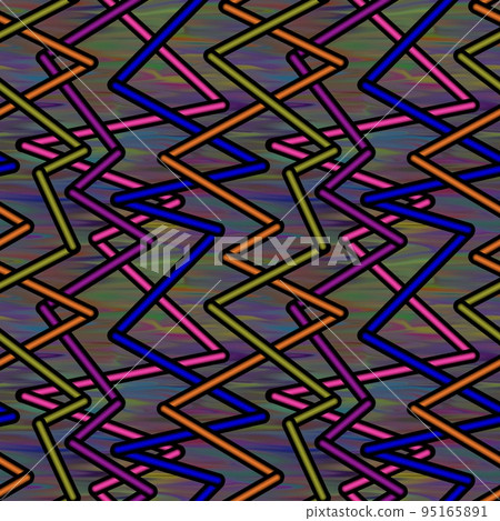 Randomly crossing colored lines located zigzag making pattern.Grungy background 95165891
