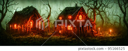 Halloween background. Witch hut. Banner size. 3d Halloween background. Witch hut. Banner size. 3d 95166525