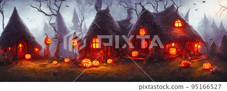 Halloween background. Witch hut. Banner size. 3d Halloween background. Witch hut. Banner size. 3d 95166527
