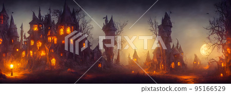Halloween background. Witch hut. Banner size. 3d Halloween background. Witch hut. Banner size. 3d 95166529