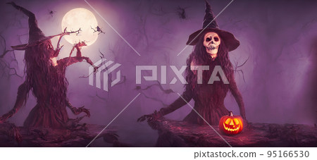 Halloween background. Scary Zombie Witch. Banner size. 3d Halloween background. Scary Zombie Witch. Banner size. 3d 95166530