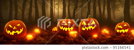 Jack O Lanterns - Halloween Background. Banner size. 3d Jack O Lanterns - Halloween Background. Banner size. 3d 95166541