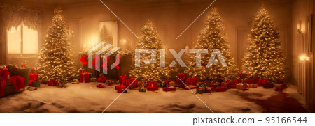 fairy tale christmas interior. magic glowing tree, fireplace and gifts. 3d 95166544