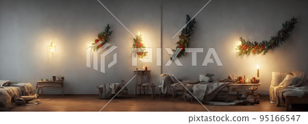 fairy tale christmas interior. magic glowing tree, fireplace and gifts. 3d 95166547