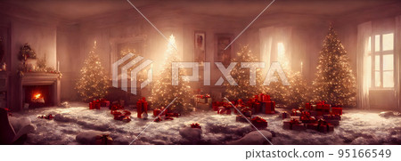fairy tale christmas interior. magic glowing tree, fireplace and gifts. 3d fairy tale christmas interior. magic glowing tree, fireplace and gifts. 3d 95166549