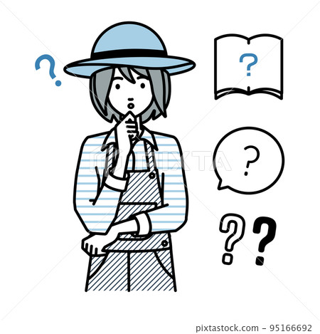 A farmer woman standing and feeling doubts with her hands on her chin Set of question marks 95166692