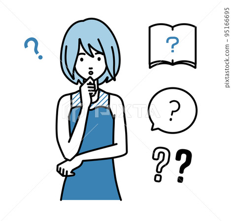 一組問號，給一個穿著裙子的女人站著，把手放在下巴上，感到懷疑 95166695