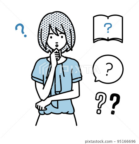 A set of office casual women question marks standing and feeling doubts with their hands on their chins 95166696