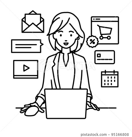 一位身穿夾克的女士在辦公桌前的電腦前進行研究、數據分析和撰寫報告 95166808