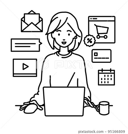 一名遠程工作女性在辦公桌前的 PC 前進行研究、數據分析和報告撰寫 95166809